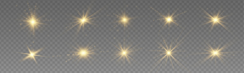 Set of gold star light, sun flare, bright sunlight rays on transparent background. Sparkle yellow dust, glitter sparks, lens flare, starlight. Radiant starburst and flash glow. Vector illustration png © Mirotvoric
