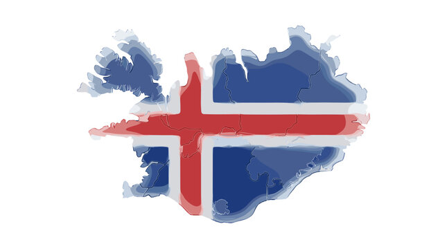 Map of iceland with national flag overlay showing geographic outline and cultural symbols