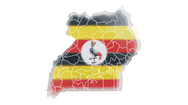 Map of uganda with flag colors and national emblem, representing the country and its identity