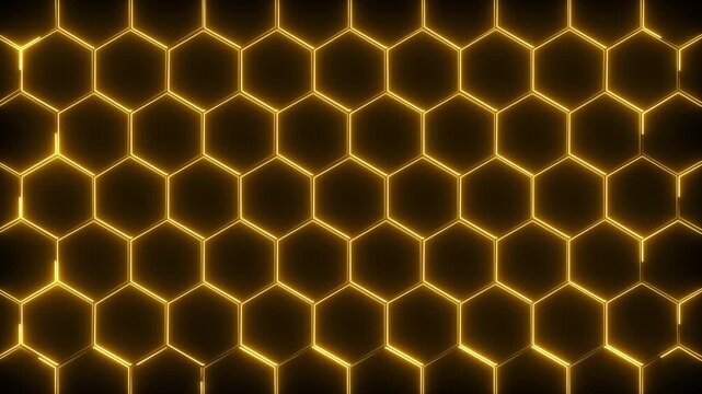 Glowing golden honeycomb pattern background, abstract geometric hexagonal texture with neon light effect