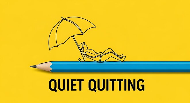 Quiet quitting concept with line art woman relaxing on a blue pencil, work life balance metaphor on yellow background, burnout and mental health at work