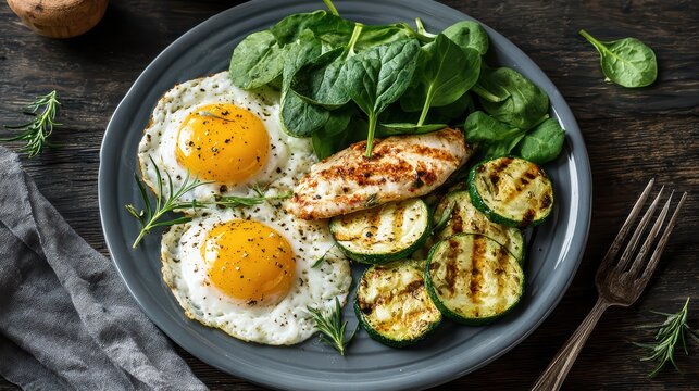 healthy balanced plate with eggs, spinach leaves, grilled zucchini and chicken meat, minimalistic modern food photography 