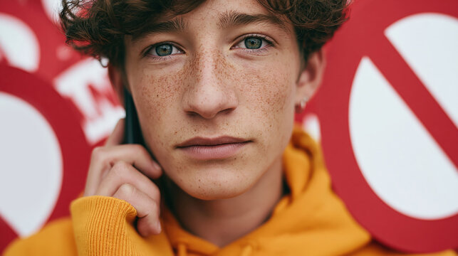 portrait of a teenage boy using a mobile smartphone surrounded by red forbidden signs representing a social media ban