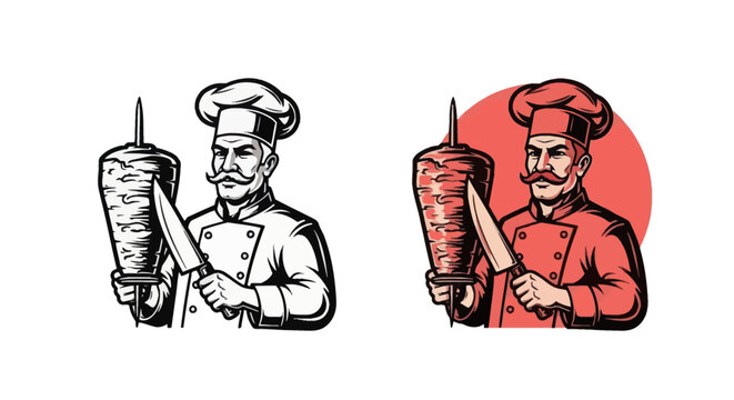 Two chefs holding shawarma in restaurant environment with food.