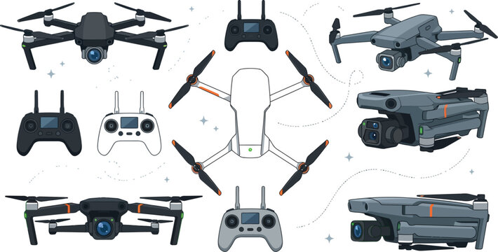 Modern professional drones and remote controllers set for aerial photography in flat vector style