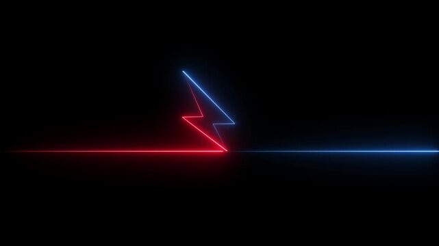Neon glowing battery charging icon animation with abstract lightning bolt and circular frame on dark background, futuristic electric energy and power symbol