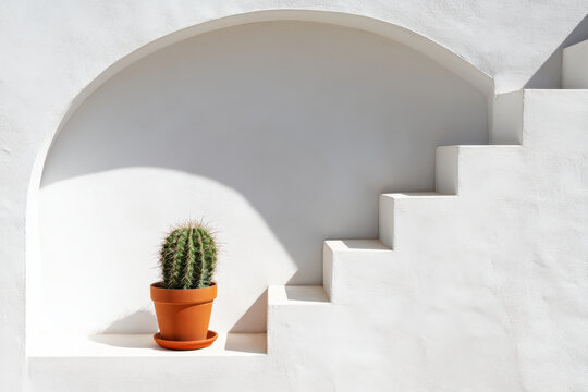 mediterranean scene with cactus plant and archway stairs