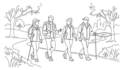 Obraz premium Four friends hiking together outdoors.