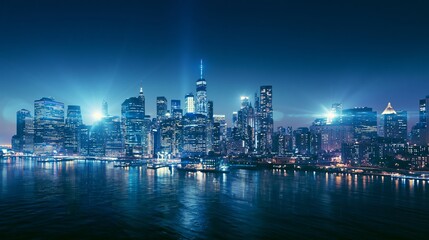 Obraz premium New York City's Lower Manhattan skyline at night, illuminated skyscrapers reflecting on the river, capturing urban life and business