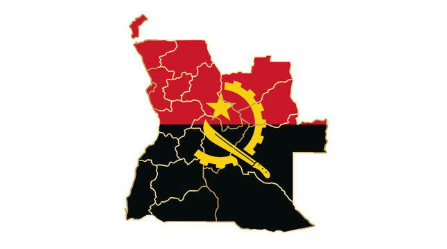 Map of angola with communist symbols and military imagery representing political history