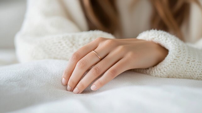 Woman resting hand on soft blanket. Concept of daily life comfort and well-being. Hormonal balance and women health support, relaxation after hormone therapy in domestic environment.
