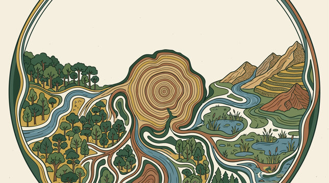 Nature Memory Rings Illustration A Circular Visual Depiction of Interconnected Ecosystems and Growth