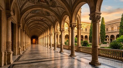 Obraz premium Timeless Cloister Walkway: Ornate Architecture and Garden View