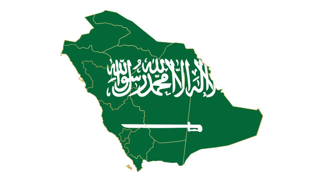 Map of saudi arabia with national flag overlay illustrating the countrys geography and identity