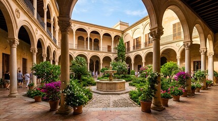 Obraz premium Tranquil courtyard with fountain and lush greenery, arched colonnade, Mediterranean architecture.