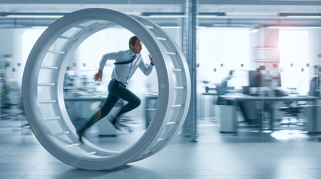 Businessman running in a large exercise wheel, symbolizing the relentless effort and cycle of work in a modern office environment