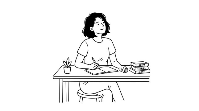Black and white illustration of a woman sitting at a desk with books and writing materials