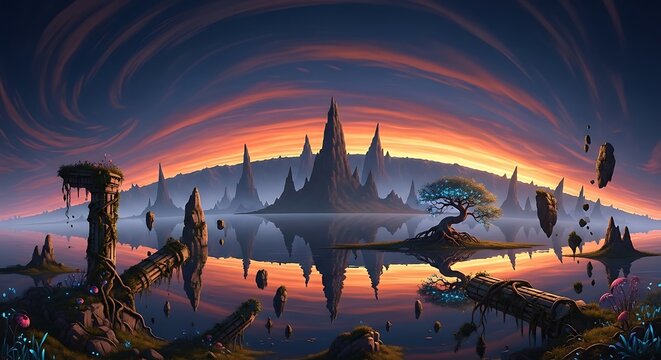 Aerial view of a castle at twilight with dramatic clouds.