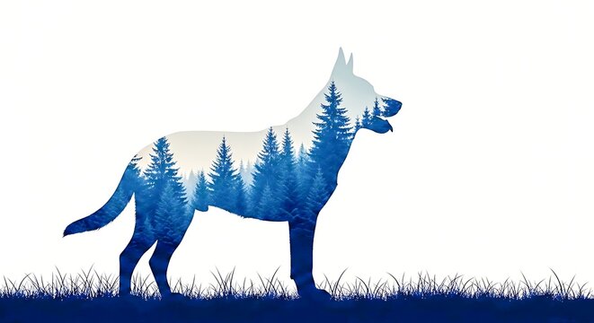 A majestic wolf silhouette with a forest landscape within its outline isolated on white background