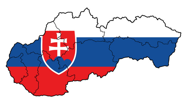 Map of slovakia with national flag colors and coat of arms, detailed geographic illustration