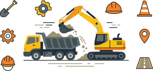 Heavy construction machinery vector illustration with yellow excavator loading soil into a dump truck and site icons. © MdNipon