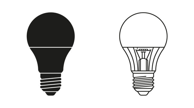 Light Bulb Silhouette And Line Art On White Background