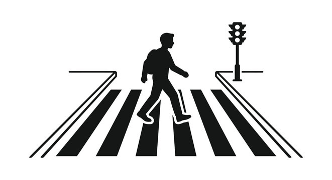 Pedestrian Crossing Silhouette With Person And Traffic Light