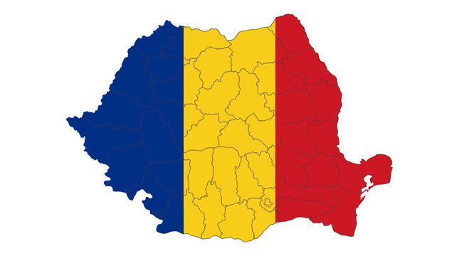 Map of romania with regions highlighted in national colors, showing administrative divisions