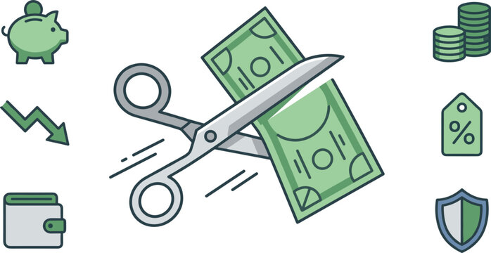 Financial vector illustration of scissors cutting money banknote with budget reduction discount piggy bank and coin icons