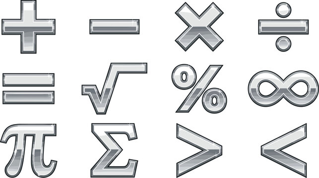 Metallic Chrome Math Symbol Icon Set with Plus Minus Multiply Divide Equals Square Root Percentage Infinity Pi Sigma Less Than and Greater Than Vectors