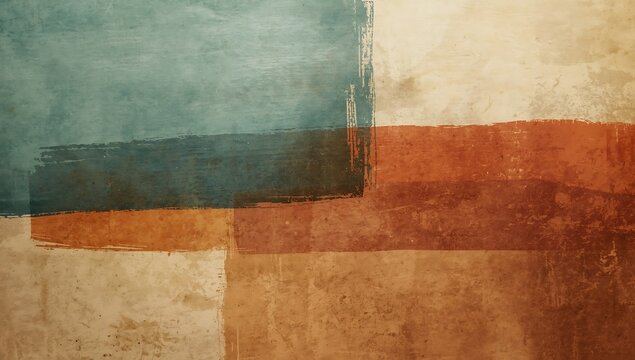 Abstract geometric composition with intersecting rectangular color blocks in deep blue and warm terracotta