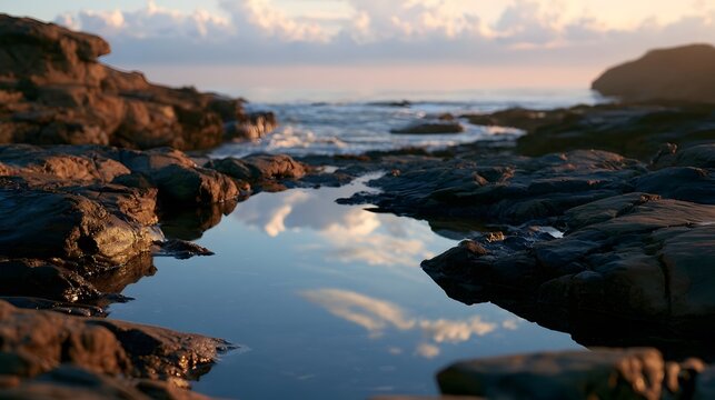 Calm tide pools beautifully reflect the sky and golden light on the water s surface