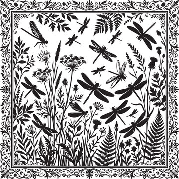 Dragonfly and floral meadow pattern with ornate border design for elegant nature themed vector background or stationery art.