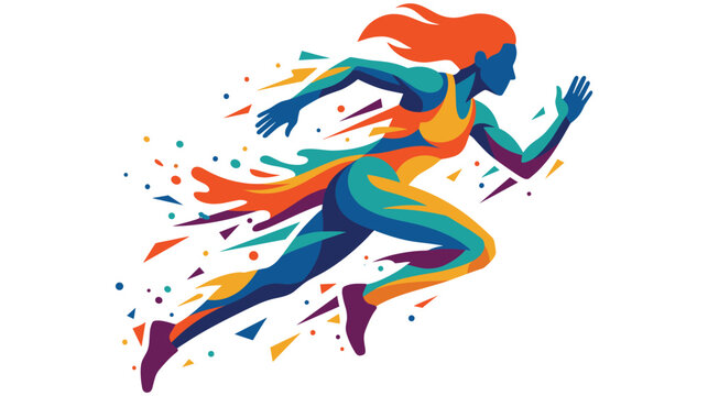 Female athlete running fast with colorful abstract trail effect vector.