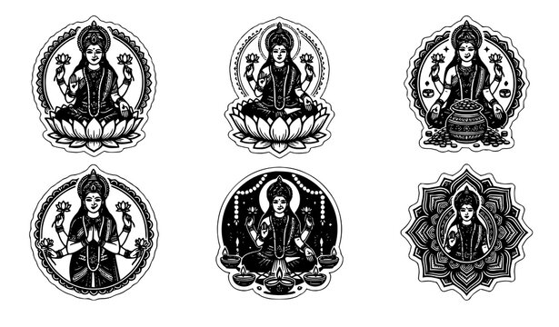 Artistic Goddess Lakshmi Sticker Collection Vector Set with Multiple Divine Poses