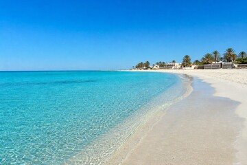 Fototapeta premium The coastline of an island with turquoise water washing over a white sandy beach.