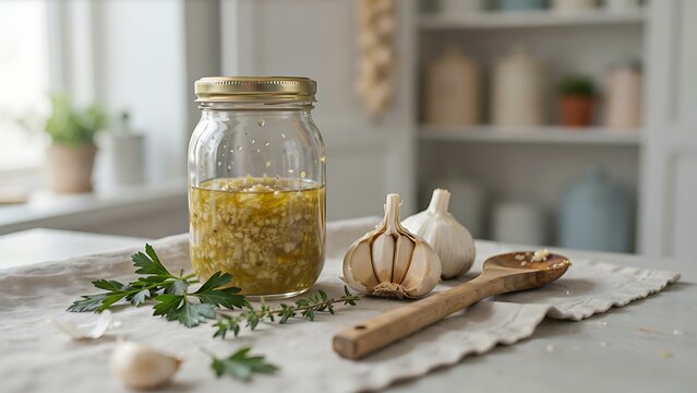 Garlic cloves and herbs on a kitchen counter with a jar of preserved garlic  homemade condiment