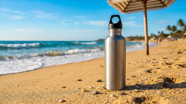 Botella reutilizable en entorno playero veraniego ideal para campa&ntilde;as ecol&oacute;gicas y branding.