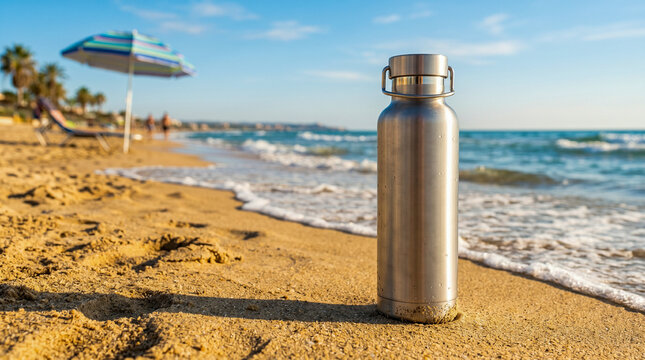 Botella reutilizable en entorno playero veraniego ideal para campa&ntilde;as ecol&oacute;gicas y branding.
