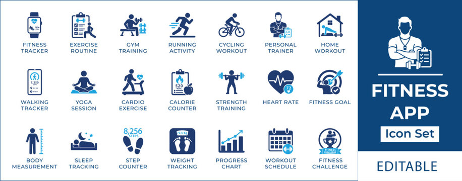 Fitness app icon set featuring workout tracking, smart watch calorie counter, step tracker, gym weightlifting, cardio treadmill, yoga meditation, and health analytics symbols.