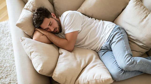 Man relaxing sleeping curled up on beige sofa with cushions, feeling comfortable and peaceful at home, enjoying a quiet day