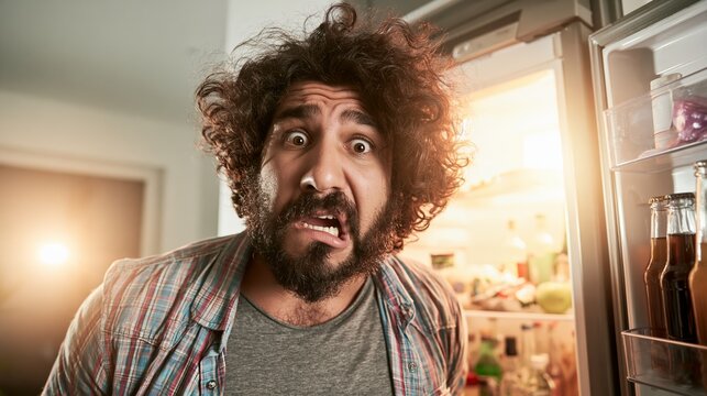 Man with messy hair and beard staring into an empty refrigerator, reacting with exaggerated surprise