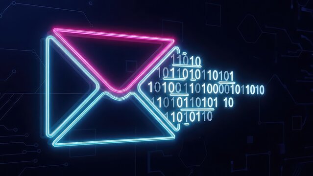 Neon email icon with binary code on dark circuit background