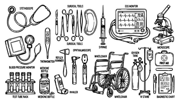 Hand Drawn Medical Instruments and Healthcare Devices Sketch Vector Set