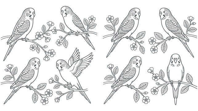Budgerigar parrots coloring page collection with blooming tree branch.