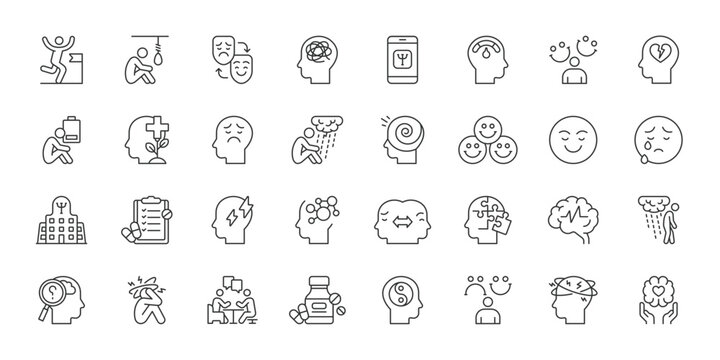 Bipolar Disorder icons in line design. bipolar disorder, mental health, mood, depression, mania, therapy, support on white background vector. Bipolar Disorder editable stroke icons.