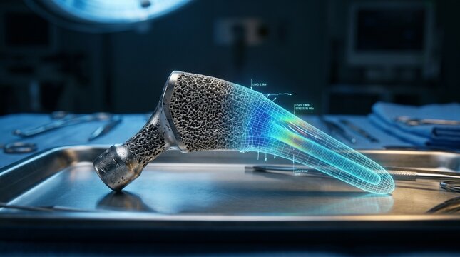 Cinematic view of a 3D printed porous orthopedic hip implant with a holographic digital twin overlay on a surgical tray, representing biomedical engineering