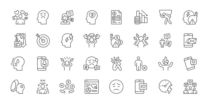 FOMO icons in line design. FOMO, fear of missing out, anxiety, social media, notification, smartphone, stress on white background vector. FOMO editable stroke icons.