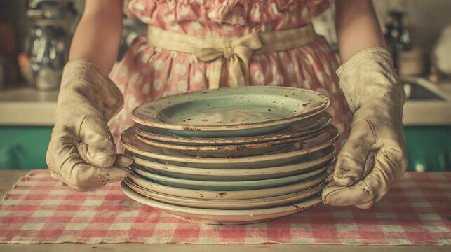 Person in gloves holding a stack of dirty dishes on a table with a red-checkered cloth