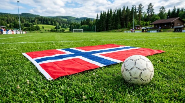Norway flag and soccer ball on green field